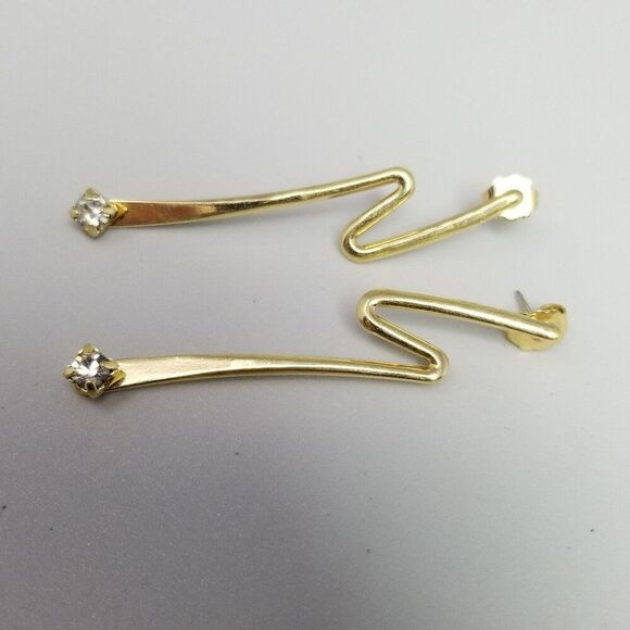 Vintage Gold Tone Zig Zag Dangle Stud Earrings, Rhinestone Accent, Retro Estate - Picture 6 of 6